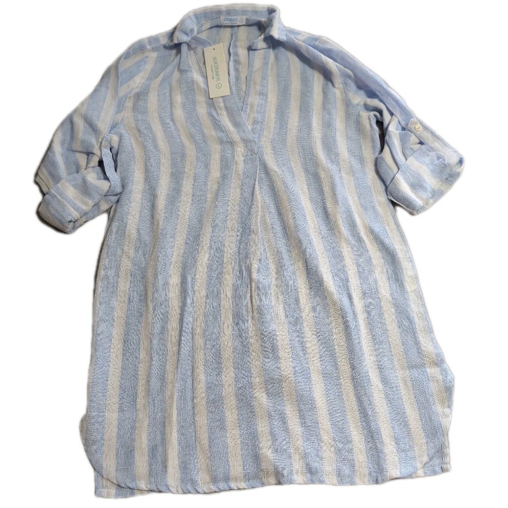 4OUR DREAMERS Gauze Tunic Shirt Womens L Blue White Stripe Roll Tab Beach NWT